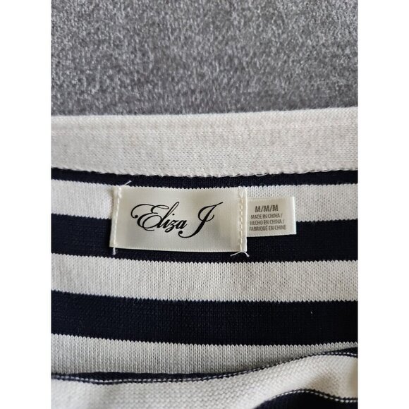 Eliza J Dress M Navy White Striped SS Bodycon Reverse Knit Midi Stretch Nautical - Picture 6 of 13